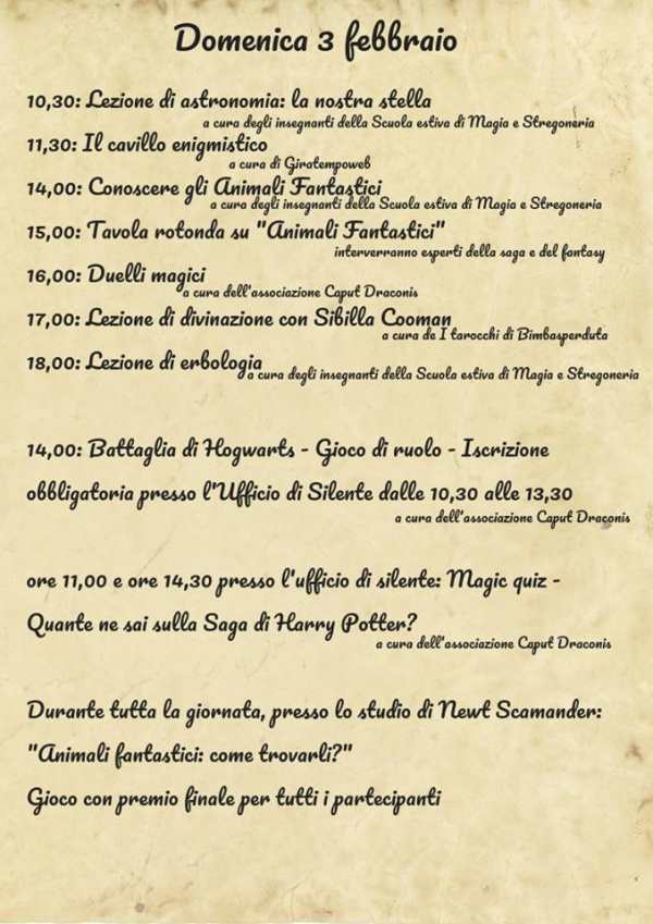 Programma Potteraduno domenica 3 Febbraio